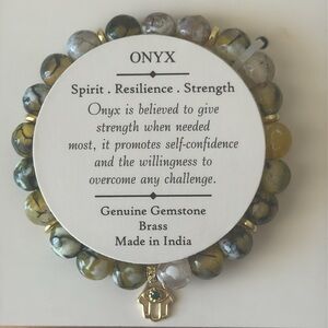 Shivam Onyx Green Gemstone Stretch Bracelet with Brass Hamsa Accent India